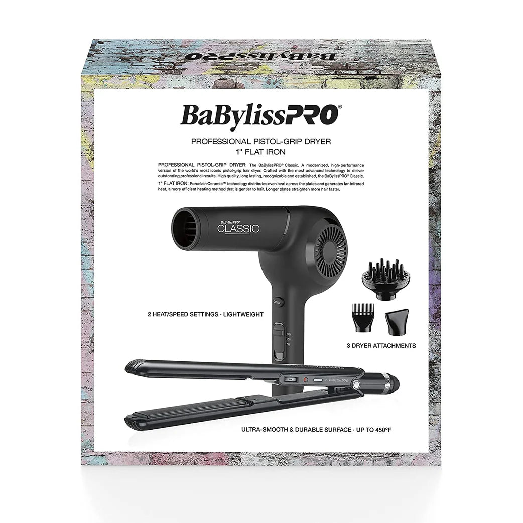 BaByliss PRO Classic Dryer (Black) & Porcelain Ceramic 1" Flat Iron Prepack