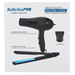 BaBylissPRO Nano Titanium Lightweight Ionic Hair Dryer & 1″ Ultra-Thin Flat Iron Value Set – Matte Black (BNTPPMB415)